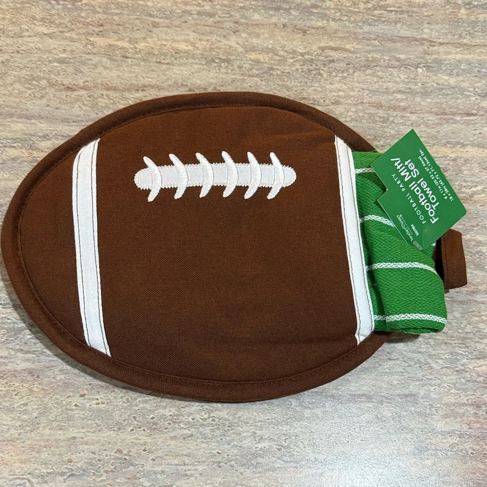 Football Pot Holder and Green Striped Towel Set